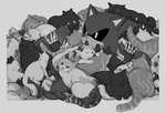 absolutely_everyone absurd_res ambiguous_gender anthro anus black_sclera buried by_almaz calico_cat classic_tabby cuddling domestic_cat domestic_pet eulipotyphlan eyes_closed felid feline felis feral fur furries_with_pets greyscale group hedgehog hi_res large_group loaf looking_at_viewer lying machine mackerel_tabby mammal metal_sonic monochrome on_top one_eye_closed pawpads paws pile raised_arms robot robot_anthro sega simple_background sleeping sonic_the_hedgehog_(series) striped_body striped_fur stripes tabby_cat tail wave_emanata whiskers x_anus