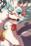 agyo_(tas) anthro asian_clothing asian_mythology bell bell_collar blush bodily_fluids clothing collar crying east_asian_clothing east_asian_mythology foo_dog fur hijirinoyuta japanese_clothing japanese_mythology komainu lifewonders male mammal mythology slightly_chubby solo tears tokyo_afterschool_summoners white_body white_fur yokai young