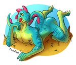 2024 anthro areola ass_up athletic athletic_anthro athletic_male bent_legs blue_background blush border butt claws epic_games fortnite grass hi_res legs_up lizard lizzik_(fortnite) looking_at_viewer lying male nipples non-mammal_nipples nude on_front pecs plant reptile scalie shadow signature simple_background smile snowdoeer solo thick_thighs tongue tongue_out white_border