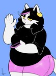 2024 5_fingers absurd_res anthro belly_overhang big_breasts black_clothing black_hair black_shirt black_topwear blush blush_lines bottomwear breasts catti_(deltarune) cellphone cheek_tuft clothed clothing dated deltarune dialogue digital_media_(artwork) domestic_cat ear_piercing ear_ring electronics english_text eyebrow_through_hair eyebrows eyelashes facial_tuft felid feline felis female fingers flat_colors fully_clothed fur hair hi_res highlights_(coloring) holding_cellphone holding_object holding_phone holding_smartphone lidded_eyes looking_at_viewer mammal multicolored_hair open_mouth overweight overweight_anthro overweight_female phone piercing pink_bottomwear pink_clothing pink_hair pink_highlights pink_nose pink_shorts pointy_ears portrait prick_ears pupils ring_piercing samirachuni shirt shorts signature slit_pupils smartphone solo standing tail talking_to_viewer text thick_thighs three-quarter_portrait three-quarter_view topwear translucent translucent_hair tuft two_tone_hair undertale_(series) white_body white_fur yellow_sclera