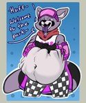 abdominal_bulge absurd_res anthro anthro_pred arkailart belly big_belly clothed clothing english_text fur grey_body grey_fur hands_on_belly hi_res indigo_park male male_pred mammal navel open_mouth procyonid raccoon rambley_raccoon ski_goggles soft_vore standing tail text tongue vore