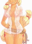 2013 alternate_form anthro anthrofied applejack_(mlp) belt biped blonde_hair breasts clothed clothing conditional_dnp cutie_mark digital_media_(artwork) earth_pony equid equine female fingers freckles friendship_is_magic hair hand_on_hip happy hasbro hi_res holding_object horse humanoid_hands mammal medium_breasts my_little_pony navel nipples open_clothing open_shirt open_topwear panties pony portrait pose rope shirt simple_background slim small_waist smile solo tail thigh_gap topwear torso_shot translucent translucent_clothing underwear wet wet_clothing wet_shirt wet_topwear whisperingfornothing white_background