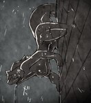 anthro breasts detailed_background digital_drawing_(artwork) digital_media_(artwork) drainpipe featureless_breasts female gargoyle hi_res horn matsukura nude outdoor_nudity outside raining scalie sculpture solo statue