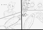 anthro bottomless clothed clothing dialogue dreamy_pride ellipsis english_text genitals hi_res kobold male monochrome penis scalie severa_tettona text vein veiny_penis