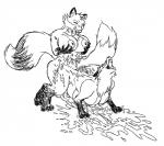 anthro anthro_on_feral balls bestiality big_breasts bodily_fluids boo3 breasts canid canine cum duo expansion feral fox genital_fluids genitals growth gynomorph hyper intersex interspecies mammal merging monochrome multi_breast nipples transformation