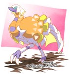 2022 2_toes abstract_background ambiguous_gender avian bird blue_eyes blue_sclera claws espathra feet feral floor frown generation_9_pokemon hair hi_res hitoshi_ariga long_neck nintendo one_leg_up orange_body pokemon pokemon_(species) purple_body raised_leg ratite signature solo striped_body stripes talons toes white_body white_eyes white_hair wings yellow_body