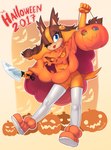 2017 anthro badger breasts candy cloak clothed clothing costume dessert female food fruit genitals halloween halloween_costume hi_res holidays impractical_clothing knife legwear lollipop mammal mustelid musteline one_eye_closed plant pumpkin pussy sega skimpy solo sonic_boom sonic_the_hedgehog_(series) sparkydb sticks_the_jungle_badger stockings tongue tongue_out wink