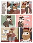 anthro bottomwear brown_hair canid canine canis clothing comic deer dialogue english_text eyewear facial_hair glasses hair hat headgear headwear hi_res leo_(nardodraws) male mammal nardodraws nervous_smile nipples pants profanity rodney_(nardodraws) shirt sitting speech_bubble standing surprised_expression text thought_bubble topwear wet wet_clothing wet_shirt wet_topwear wolf