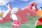 3:2 4_toes all_fours animal_crossing anthro arm_tuft ball barefoot beach beach_ball big_butt big_eyes bikini blep blush blush_lines bottomwear breasts butt canid canine canis clothed clothing cloud cookie_(animal_crossing) curling_toes day detailed_background digitigrade domestic_dog englam eyelashes feet felid feline female foot_focus fur hi_res hindpaw inflatable leg_markings light light_beam looking_at_viewer looking_back looking_back_at_viewer lying mammal markings nintendo on_front outside panties partially_submerged pattern_bikini pattern_bottomwear pattern_clothing pattern_panties pattern_swimwear pattern_underwear pawpads paws pink_body pink_fur pink_pawpads pinup pose pubic_mound rear_view sea seaside shallow_water side_boob silhouette sky smile smiling_at_viewer socks_(marking) soles solo striped_bikini striped_bottomwear striped_clothing striped_panties striped_swimwear striped_underwear stripes sunbeam sunlight swimwear toes tongue tongue_out topless tuft two-piece_swimsuit underwear water white_body white_feet white_fur white_paws