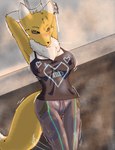 absurd_res anthro bandai_namco big_breasts black_sclera blue_eyes blush breasts canid canine canis clothed clothing digimon digimon_(species) digital_media_(artwork) fan_character female foxylilshrink fur genitals half-closed_eyes hi_res mammal markings meme narrowed_eyes nipples no_nut_november penetration pussy renamon sex_toy sex_toy_in_pussy sex_toy_insertion simple_background solo stretching tail translucent translucent_clothing vaginal vaginal_penetration vibrator white_body workout_clothing yellow_body