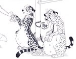 belly belly_inflation big_belly black_and_white blondevelvet chain cheetah collar conditional_dnp duo eating_trash felid feline female feral hi_res inflation king_cheetah mammal monochrome nipples object_vore pen_(artwork) simple_background spots story story_in_description traditional_media_(artwork) trash vore