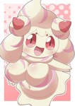 abstract_background alcremie big_breasts breasts featureless_breasts female food food_creature food_humanoid generation_8_pokemon humanoid legless navel nintendo nude open_mouth pink_body pokemon pokemon_(species) red_eyes siebol smile smiling_at_viewer solo