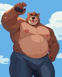 2024 absurd_res anthro bear black_nose bottomwear clothing cloud hi_res humanoid_hands kemono male mammal moobs musclegut muscular nipples overweight overweight_male pants portrait qigiu solo three-quarter_portrait