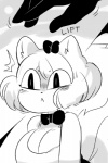 2:3 accessory anthro big_breasts black_and_white bow_(feature) bow_accessory bow_ribbon bow_tie breasts cleavage clothed clothing domestic_cat felid feline felis female frown gats hair_accessory hair_bow hair_ribbon mammal monochrome offscreen_character ribbons sugar_(gats)