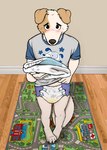 anthro blush bodily_fluids borzoi brown_body brown_fur canid canine canis claws clothed clothing cookiebandit diaper domestic_dog embarrassed floor floppy_ears fur genital_fluids hi_res holding_diaper hunting_dog male mammal paws photo_background photography_(artwork) playmat rug shirt sighthound solo toe_claws topwear touching_diaper unclean_diaper urine used_diaper wearing_diaper wet_diaper white_body white_fur wood wood_floor