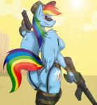 2013 american_flag anthro anthrofied ar-15 army assault_rifle belt beretta beretta_92 blue_body blue_feathers blue_fur breasts butt camo clothed clothing cloud cutie_mark day desert digital_media_(artwork) equid equine eyewear feathered_wings feathers female friendship_is_magic fur garter_belt garter_straps glasses gloves gun hair handgun handwear hasbro hat headgear headwear hi_res holding_gun holding_object holding_ranged_weapon holding_weapon jrvanesbroek legwear lens_flare looking_at_viewer looking_back m16 mammal multicolored_hair multicolored_tail my_little_pony mythological_creature mythological_equine mythology nipples outside patrol_cap pegasus pistol portrait purple_eyes rainbow_dash_(mlp) rainbow_hair rainbow_tail ranged_weapon rifle simple_background skimpy sky smile smirk solo standing stockings stoner_rifle sun sunglasses tail thigh_highs thong three-quarter_portrait underwear united_states_of_america weapon wings