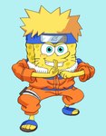 blonde_hair blue_background cosplay hair hi_res male marine naruto naruto_uzumaki nickelodeon ninjutsu sea_sponge simple_background smile solo spongebob_squarepants spongebob_squarepants_(character)