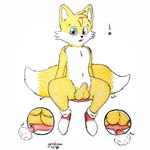 1:1 absurd_res anthro balls bent_legs blue_eyes butt canid canine clothing fart fart_cloud fart_fetish footwear fur gassy genitals hi_res looking_at_viewer male mammal miles_prower penis sega shoes shy sitting solo sonic_the_hedgehog_(series) spread_legs spreading surprised surprised_expression surprised_face surprised_look tail text yellow_body yellow_fur yordraw