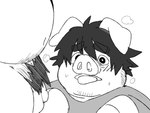 2024 4:3 anthro balls belly blush clothing domestic_pig duo genitals hi_res inunoshippo kemono male male/male mammal monochrome overweight overweight_male penis pubes shirt simple_background suid suina sus_(pig) topwear white_background