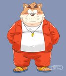 2024 anthro belly black_nose blush bottomwear brown_body canid canine canis clothing domestic_dog kemono male mammal overweight overweight_male pants shirt simple_background solo topwear toshi_(artist)