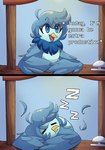 2019 anthro avian awilddaydreamer beak biped bird blue_body blue_eyes blue_feathers blue_hair booth colored comic dialogue eiiart english_text feathers female figburn hair hi_res humor martlet_(undertale_yellow) mood nero_inu official_art open_mouth open_smile simple_background sitting sleeping smile solo sound_effects text tongue undertale_(series) undertale_yellow vowelless vowelless_sound_effect winged_arms wings yellow_beak zzz