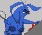 2023 aardvark ant anthro arthropod bdsm bdsm_outfit blue_aardvark blue_body breasts charlie_ant crossgender dominatrix duo female garter_belt garter_straps genitals half-closed_eyes hi_res hymenopteran insect inverted_nipples looking_at_another looking_at_partner magnifying_glass male mammal narrowed_eyes nipples noodlestoat penis pink_panther_(series) red_body the_ant_and_the_aardvark