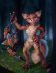 2021 4_toes anthro blizzard_entertainment blue_eyes blurred_background blush bow_(weapon) breasts canid cheek_tuft facial_tuft feet female full-length_portrait fur genitals holding_object holding_weapon inner_ear_fluff looking_at_viewer mammal milkwyvern navel nidsi_the_vulpera nipples nude pink_nipples plump_labia portrait pussy ranged_weapon smile solo standing toes tuft vulpera warcraft weapon