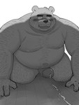 2024 3:4 anthro bear belly big_belly blush bodily_fluids censored cum cute_fangs erection genital_fluids genitals hi_res humanoid_hands kemono kick_(artist) male mammal monochrome moobs navel nipples overweight overweight_male penis solo