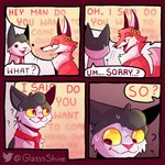 1:1 bodily_fluids canid canine comic dialogue domestic_cat duo english_text felid feline felis fox fur glassshine hi_res hubert_(glassshine) mammal red_body red_fur simple_eyes steve_(glassshine) sweat sweatdrop text white_body white_fur