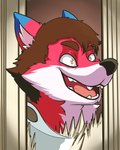 blue_ears brown_hair canid canine crazy_eyes fox hair here's_johnny_(meme) hi_res holly_(ortiz) male mammal open_mouth red_fox shinyfoxguy smile solo stephen_king_(copyright) the_shining true_fox yellow_eyes