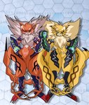 anthro armor bandai_namco black_markings corruption digimon digimon_(species) domestic_cat duo felid feline felis female female_anthro fur green_eyes hi_res maine_coon mammal markings meicrackmon meicrackmon_(original) meicrackmon_normal_mode meicrackmon_vicious_mode mirayasakani orange_body orange_fur purification purple_markings red_eyes smile white_body white_fur yellow_body yellow_fur