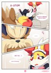 2020 absurd_res ace_the_stoutland_(special_services) anthro blush bottomwear braixen canid canine clothed clothing comic cute_fangs dark_text dialogue duo ellie_the_braixen ellipsis english_text explicitly_stated_nonconsent eyes_closed fangs femboy feral fur game_freak generation_5_pokemon generation_6_pokemon heart_after_signature heart_before_signature heart_in_signature heart_symbol hi_res inner_ear_fluff linked_speech_bubble maid_uniform male mammal nikkibunn nintendo number open_mouth page_number paws pokemon pokemon_(species) purple_text question_mark red_eyes signature speech_bubble stoutland teeth text text_with_heart tuft uniform