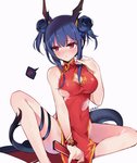 2020 animal_humanoid arknights asian_clothing blue_hair blush breasts cary_(artist) chen_(arknights) chinese_clothing chinese_dress clothed clothing dragon dragon_humanoid dress east_asian_clothing female hair hi_res horn humanoid hypergryph mythological_creature mythological_scalie mythology red_eyes scalie simple_background sitting solo studio_montagne tail white_background