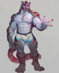 2019 abs anthro biceps big_muscles black_nose bulge claws clothing digital_media_(artwork) dog_tags felid finger_claws fur hair hi_res jewelry male mammal multicolored_body multicolored_fur muscular muscular_anthro muscular_male muscular_thighs navel necklace null-ghost open_mouth otola pantherine pawpads pecs red_hair red_stripes simple_background solo speedo striped_body striped_fur stripes swimwear tiger toe_claws tongue tongue_out two_tone_body two_tone_fur underwear white_body white_clothing white_fur white_speedo white_swimwear yellow_sclera yin_yang