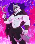 2024 4:5 abs absurd_res anthro areola arm_wraps armpit_hair armpit_tuft barazoku biceps big_muscles body_hair bottomwear broken_glass canid canine canis cape cheek_tuft claws cloak clothed clothing crystal death_(puss_in_boots) dreamworks dual_wielding facial_markings facial_tuft fire fire_background fluffy fluffy_tail fur fuzzy glass glowing glowing_eyes head_markings hi_res holding_object holding_weapon looking_at_viewer male mammal markings mask_(marking) melee_weapon muscular muscular_anthro muscular_male musical_note musical_symbol narrowed_eyes navel neck_tuft nipples pants pecs puss_in_boots_(dreamworks) red_eyes sickle simple_background solo standing symbol tail topless topless_anthro topless_male tuft weapon white_body white_fur wolf wraps wrist_wraps yows_(artist)