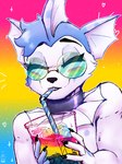 3:4 absurd_res anthro beau_(vaporwaveon) beverage blue_hair bodypaint bubble_tea cheek_tuft collar container cozymun cup drinking drinking_straw eeveelution eyes_closed eyewear face_paint facial_tuft fin generation_1_pokemon glasses gradient_background hair heart_symbol hi_res ice_cube lgbt_pride lgbt_pride_month lips male multicolored_beverage nintendo pansexual_pride_colors pokemon pokemon_(species) pride_color_background pride_color_beverage pride_color_bodypaint pride_color_face_paint pride_color_ice_cube pride_colors scales simple_background smile solo sparkles thick_bottom_lip tinted_glasses tuft vaporeon white_body white_scales