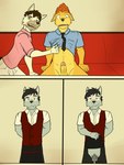 3:4 anthro assisted_exposure balls bottomless bottomwear canid canine canis chastity_cage chastity_device clothed clothing clothing_lift collared_shirt comic crotchless_bottomwear crotchless_clothing domestic_dog duke_(fuze) erection flaccid fully_clothed fuze genitals group hi_res humanoid_genitalia humanoid_penis lock male male/male mammal necktie padlock pants penis pubic_stubble scared shirt shirt_lift sitting topwear trio waiter wolf wolfgang_(fuze)