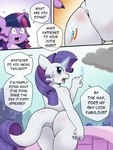 3:4 alternate_species alternate_universe anthro bodily_fluids comic cutie_mark dialogue english_text featureless_crotch female friendship_is_magic group hair hasbro hi_res kobold looking_back magic multicolored_hair my_little_pony open_mouth ponyville purple_body rarity_(mlp) scalie sweat text twilight_sparkle_(mlp) two_tone_hair vavacung white_body