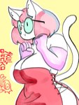 anthro belly big_breasts big_butt breast_squish breasts butt clothing curved_horn curvy_female curvy_figure domestic_cat eyewear felid feline felis female glasses gloves hair handwear hi_res horn mammal pink_hair samantha_(disambiguation) skull_geck0 slightly_chubby solo squish wide_hips