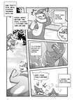 animal_genitalia balls black_and_white blush bodily_fluids buizel clothed clothing comic dialogue duo embarrassed english_text feral floatzel fur generation_4_pokemon genitals hi_res lester_(risenpaw) looking_at_another male male/male monochrome ness_(risenpaw) nintendo open_mouth partially_submerged pawpads pokemon pokemon_(species) risenpaw sheath smile speech_bubble spraying_water sweat sweatdrop swimming swimming_pool swimwear text