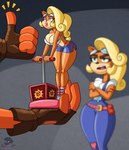 2020 absurd_res activision annoyed anthro bandicoot bare_arms bare_legs belt belt_pouch bent_over big_breasts black_nose blonde_hair blu3danny blue_bottomwear blue_clothing blue_overalls blue_shorts bottomwear breasts brown_clothing brown_gloves brown_handwear cleavage clothed clothing coco_bandicoot crash_bandicoot crash_bandicoot_(series) crossed_arms curled_hair detonator duo explosives eyebrows eyelashes eyewear female figurine fingerless_gloves footwear fur gesture gloves goggles green_eyes hair half-closed_eyes hand_gesture handwear hi_res holding_object hotpants lips lipstick makeup male mammal marsupial midriff minishorts narrowed_eyes open_mouth orange_body orange_fur overalls patch_(fabric) pink_belt pink_clothing pink_footwear pink_shoes ponytail pouch_(clothing) presenting raised_eyebrow shirt shoes shorts skimpy small_waist tan_body tan_fur tank_top teeth thick_lips thick_thighs thong thumbs_up tnt tongue topwear underwear unimpressed utility_belt white_clothing white_shirt white_tank_top white_topwear wide_hips