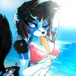 1:1 anabel_calamity anthro beach between_breasts bikini biped black_hair border_collie breasts canid canine canis clothing collie domestic_dog erect_nipples female food_between_breasts hair herding_dog hi_res looking_at_viewer lovespell mammal navel nipples object_between_breasts one_eye_closed outside pastoral_dog seaside sheepdog smile solo standing swimwear tongue tongue_out two-piece_swimsuit