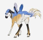 4_legs absurd_res ambiguous_gender beak blonde_hair blue_body blue_feathers butt claws equid equine feather_markings feathers feral fur hair hi_res hooves horse hybrid mammal markings noki001 open_mouth simple_background solo standing tan_body tan_fur transformation white_background wings