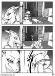 2015 anthro belly big_belly breasts butt clothed clothing comic dragon english_text felid female grin hi_res if_hell_had_a_taste male mammal marci_hetson monochrome mythological_creature mythological_scalie mythology scalie scar simple_background skylar_fidchell slightly_chubby smile tail text viroveteruscy