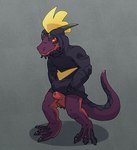 argon_vile balls bottomless clothed clothing genital_sheath genitals hands_in_both_pockets hi_res hoodie hoodie_only horn kobold leezpunk lizard male pal_(species) palworld partially_clothed penis pocketpair reptile scalie shadowdile solo tail topwear topwear_only