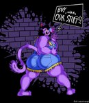 abstract_background absurd_res anthro barefoot big_butt butt catty_(undertale) clothed clothing colored domestic_cat feet felid feline felis female gesture hand_gesture hi_res line_art looking_at_viewer looking_back mammal open_mouth overweight overweight_anthro overweight_female purple_background shaded simple_background solo speech_bubble tail teasing teasing_viewer thick_thighs undertale undertale_(series) yanisp5