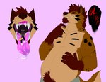 2021 anthro belly big_belly bodily_fluids canid canine canis clothing domestic_dog duo hand_on_belly herding_dog hi_res hyena kaz_(kazsnackerton) kazsnackerton macro male male_pred male_prey mammal pastoral_dog saliva saliva_on_tongue saliva_string swallowing tongue uvula vore welsh_corgi wild_(wildside) wildside