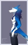 absurd_res anthro big_bulge blue_body blue_eyes braided_hair braided_ponytail bulge clothing hair hi_res lightwo looking_down male mityay15 ponytail sergal sergei_(lightwo) simple_background solo tight_clothing