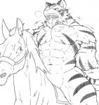 abs ambiguous_gender anthro bodily_fluids drooling duo equid equine felid feral horse male mammal monochrome muscular muscular_male open_mouth pantherine pecs riding saliva tiger urakata5x