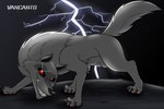 3:2 animal_genitalia balls canid canine canine_genitalia canis death_(puss_in_boots) dreamworks electricity feral fully_sheathed genitals grey_sheath grin hi_res lightning looking_at_viewer male mammal puss_in_boots_(franchise) raised_tail red_eyes sheath smile solo tail vancanto wolf